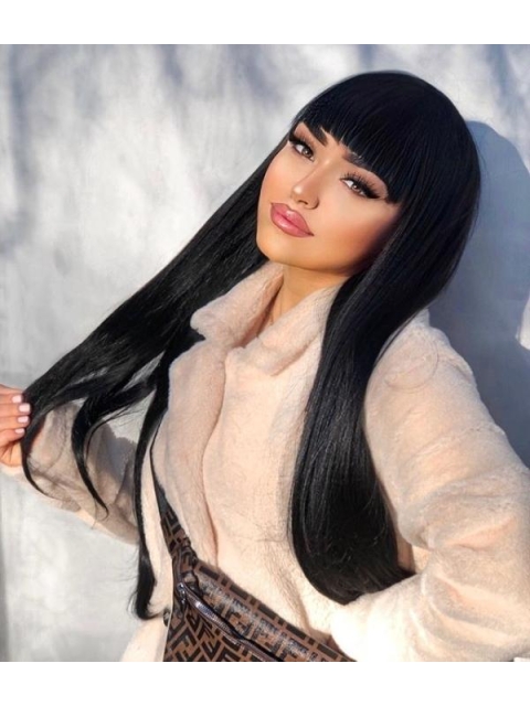 Natural Looking Black Long Straight  Elf Kiss Synthetic Lace Front Wigs With Bang