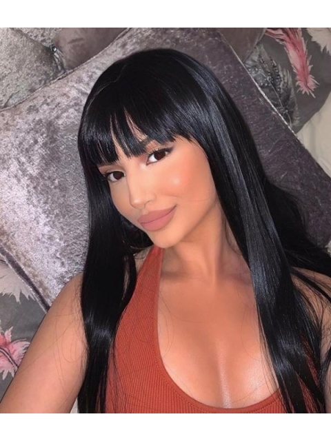 Natural Looking Black Long Straight  Elf Kiss Synthetic Lace Front Wigs With Bang