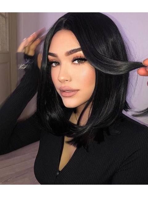 Natural Looking Short Straight  Dark Angel Bob Synthetic Lace Front Wigs For Women