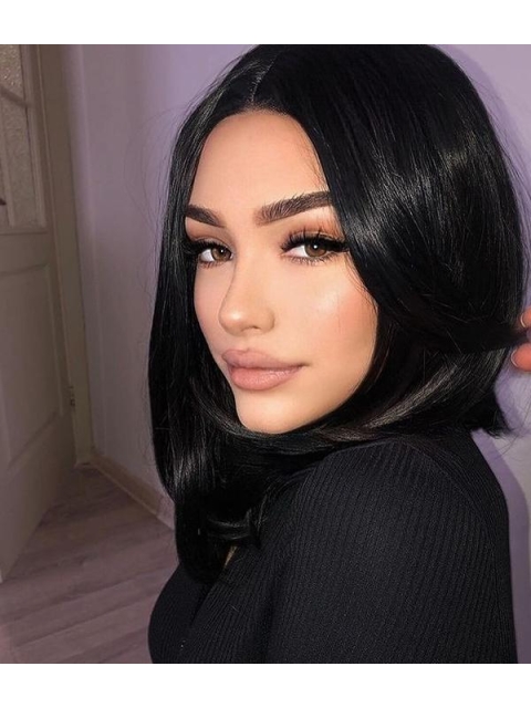 Natural Looking Short Straight  Dark Angel Bob Synthetic Lace Front Wigs For Women