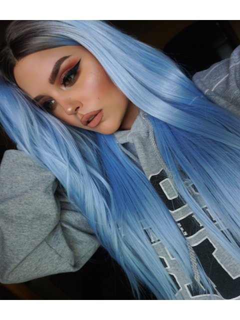 Light Blue Silky Long Straight Synthetic Lace Front Wigs