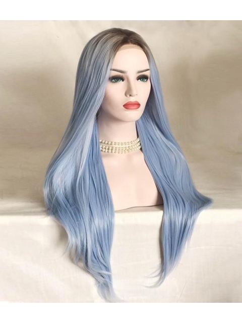 Light Blue Silky Long Straight Synthetic Lace Front Wigs