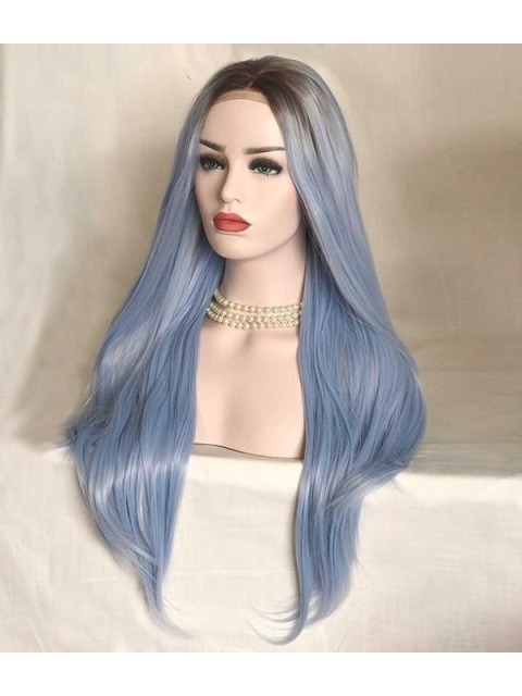 Light Blue Silky Long Straight Synthetic Lace Front Wigs