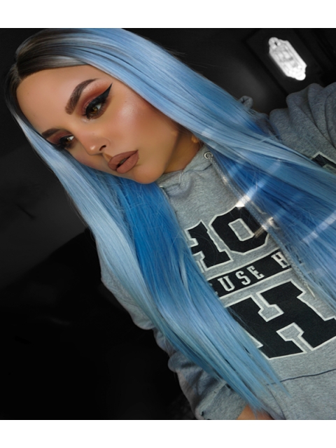 Light Blue Silky Long Straight Synthetic Lace Front Wigs