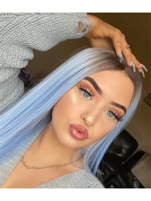 Light Blue Silky Long Straight Synthetic Lace Front Wigs