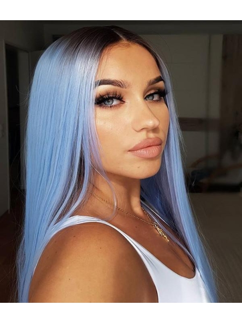 Light Blue Silky Long Straight Synthetic Lace Front Wigs