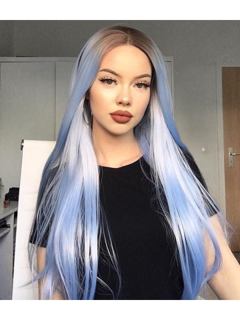 Light Blue Silky Long Straight Synthetic Lace Front Wigs