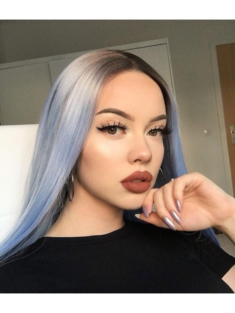 Light Blue Silky Long Straight Synthetic Lace Front Wigs