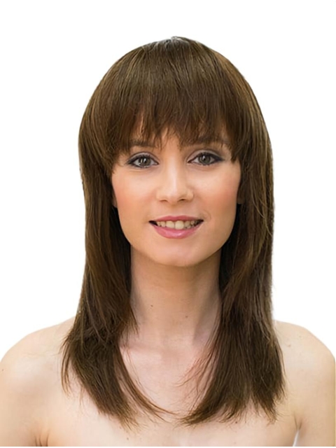 Lace Front Brown 16" Straight Long With Bangs Sleek Human Hair Women Wigs