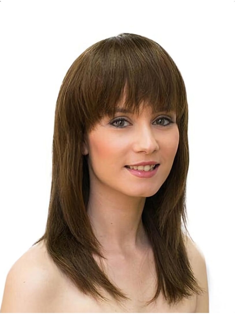 Lace Front Brown 16" Straight Long With Bangs Sleek Human Hair Women Wigs