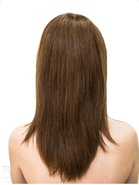 Lace Front Brown 16" Straight Long With Bangs Sleek Human Hair Women Wigs