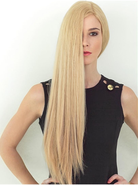 Soft  26" Long Straight Blonde Layered Hand Tied Lace Front Women Human Hair Wigs