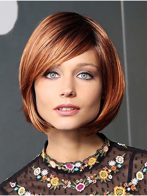 Quality Long 10" Monofilament Auburn Straight Synthetic Bob Wigs