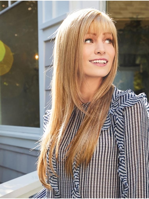 Capless Brown 18"  Long  Straight With Bangs Monofilament synthetic  Women Wigs