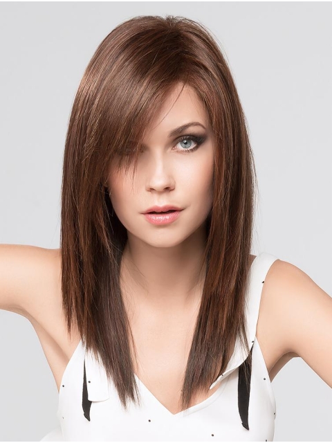 Trendy Brown 16" long Straight With Bangs  Monofilamen Synthetic Women Wigs