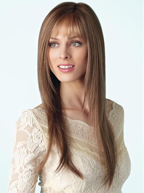 Quality  Capless Monofilament Long Brown With Bangs Straight Synthetic Women Wigs