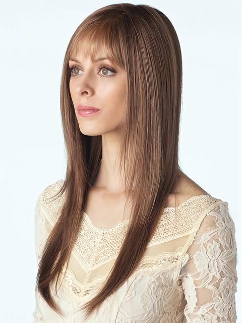 Quality  Capless Monofilament Long Brown With Bangs Straight Synthetic Women Wigs