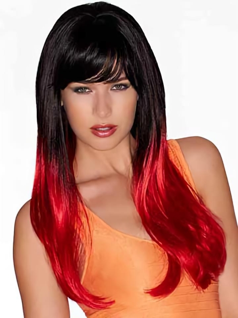 22" Long Straight Ombre/2 tone With Bangs Lace Front Synthetic  Wigs For Women