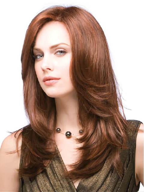 Fashionable 18'' Long Straight Auburn Layered Mono Top Human Hair Women Wigs