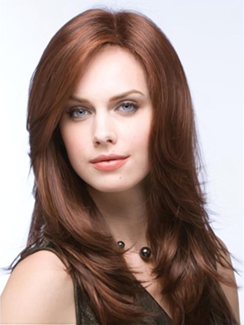 Auburn Layered Long Straight 100% Hand-Tied Mono Top Heat Friendly Synthetic Women Wigs