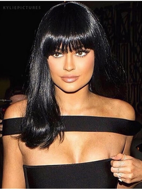 14'' Long Straight  Lace Front Black With Bangs Remy Human Hair Kylie Jenner Inspired Women Wigs