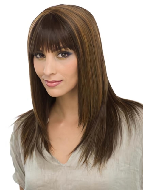 Capless Sleek Brown Straight Long Human Hair Women Wigs