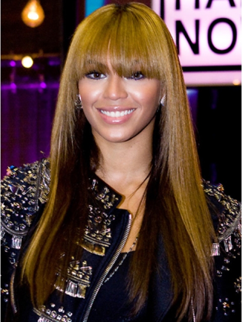 20'' Beyonce Knowles Trendy Lovely Long Straight with Blunt Bangs Glueless Lace Front  100% Human Hair Women wigs