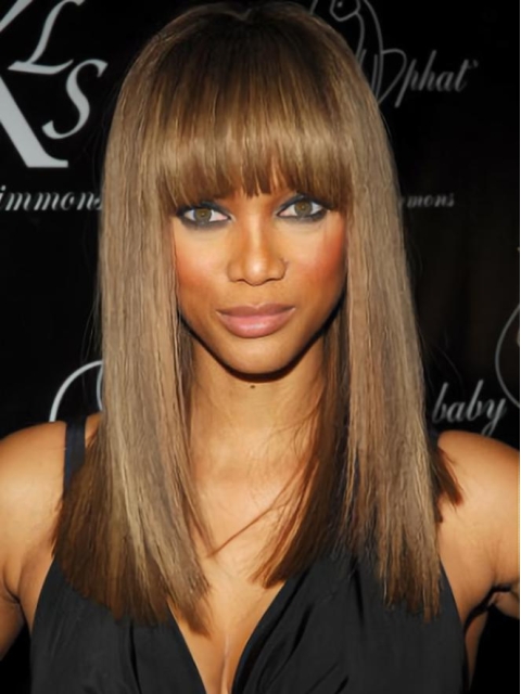 Tyra Banks Mysterious Playful Long Straight Glueless Lace Front Human Hair Wig 16 Inches with Straight Bangs