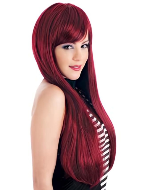 24 Inches Long Straight With Bangs Lace Front Smooth Red Synthetic Women Wigs