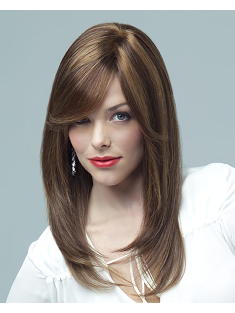 18'' Braw Brown Straight Monofilament Top 100% Hand-Tied Long Classic Remy Human Hair Women Wigs