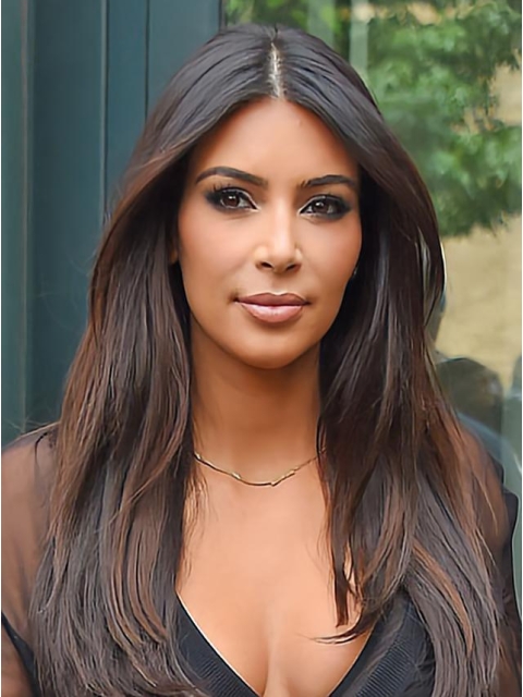 24''  Long Straight Lace Front Kim Kardashian Middle Parting  Human Hair Women Wigs 