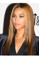 18'' Beyonce Knowles Pretty Layered Glossy Long Straight Lace Front Human Hair  Women Wig 