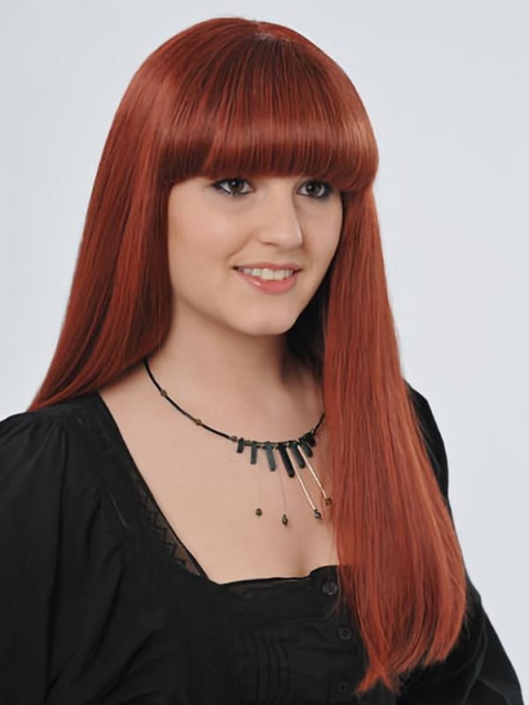 22'' Comfortable Red Straight 100% Hand-Tied Mono Top Long Human Hair Women Celebrity Wigs