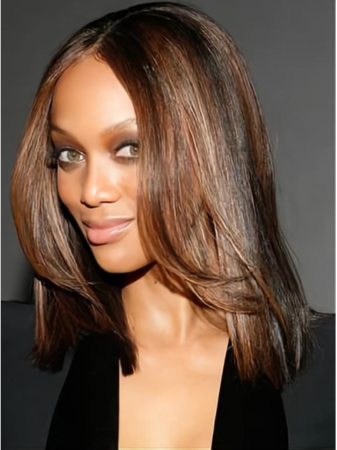 14'' Shoulder Lenght Tyra Banks Life-like Off-the-face Straight 100% Hand-Tied Full Lace Human Hair Women wig