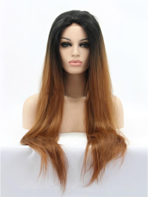 26 Inch Beautiful Long Straight Without Bangs Lace Front 100% Remy Hair Ombre Women Wigs