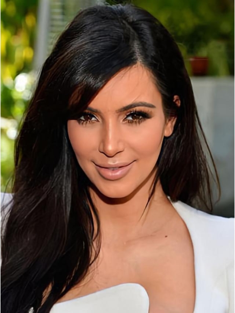 18'' Kim Kardashian Long Straight  Lace Front  Side Bang Hairstyle Human Hair Women Wig 