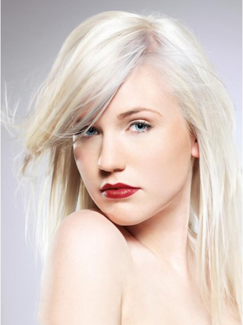 16'' Young Fashion Platinum Blonde With Side Bangs Capless Shoulder Length Synthetic Women Wigs