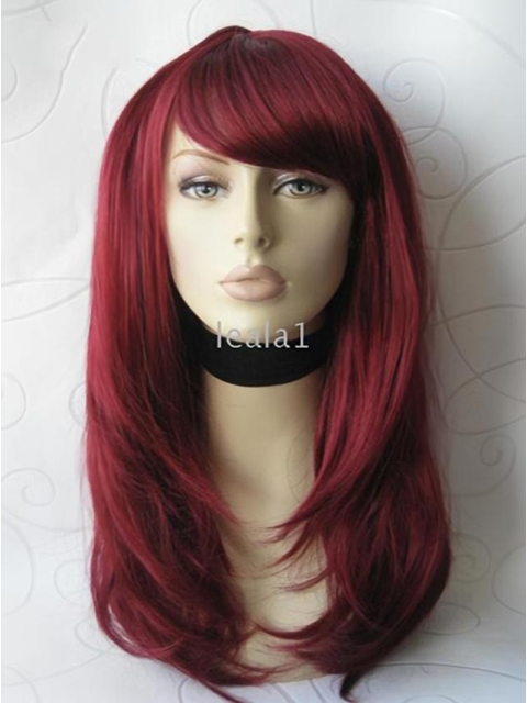 18 Inches Dark Red Long Straight Lace Front Remy Human Hair Women Wigs