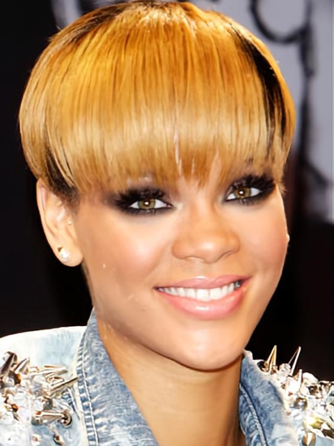 8'' Short Straight with Bangs Rihanna Watermelon Taro Style Lace Front Human Hair Women Wig 