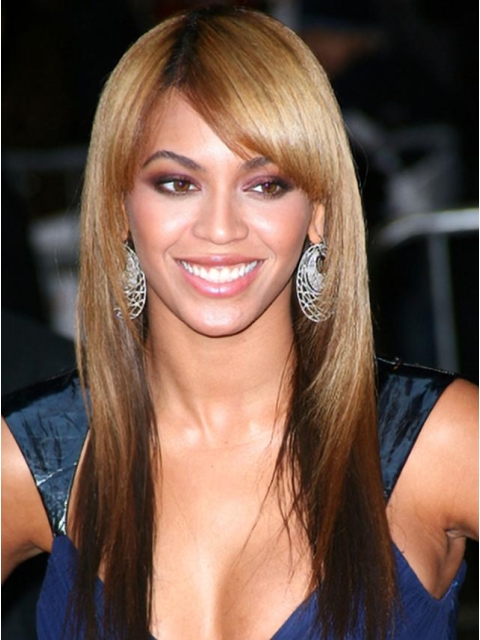 20 '' Long Straight Layered with Bangs Full Lace100% Human Hair Women Beyonce Knowles Wigs