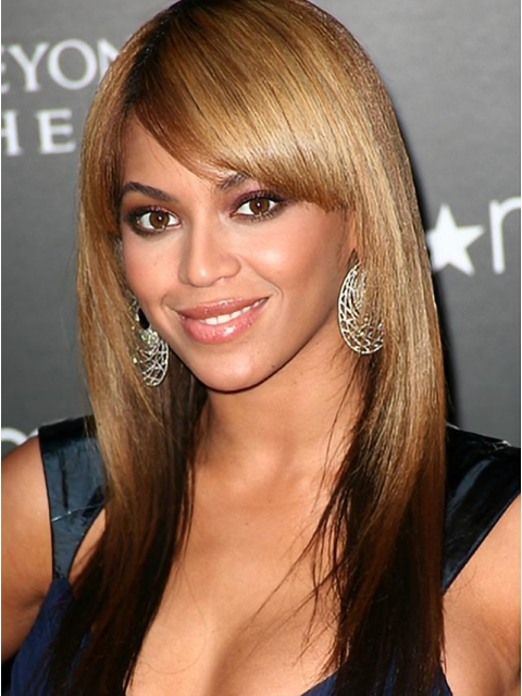 20 '' Long Straight Layered with Bangs Full Lace100% Human Hair Women Beyonce Knowles Wigs