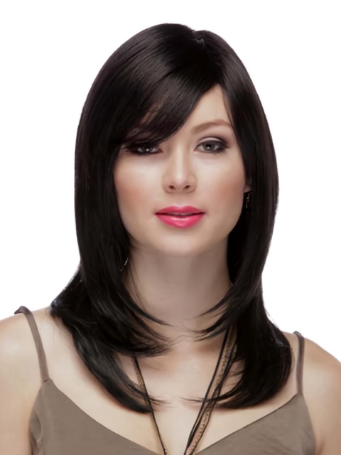 16'' Long Straight 100% Hand-Tied Mono Top Black Remy Human Hair Women Wigs