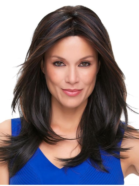 16'' Long Straight High Quality monofilament Lace Front Black Layered synthetic Women Wigs