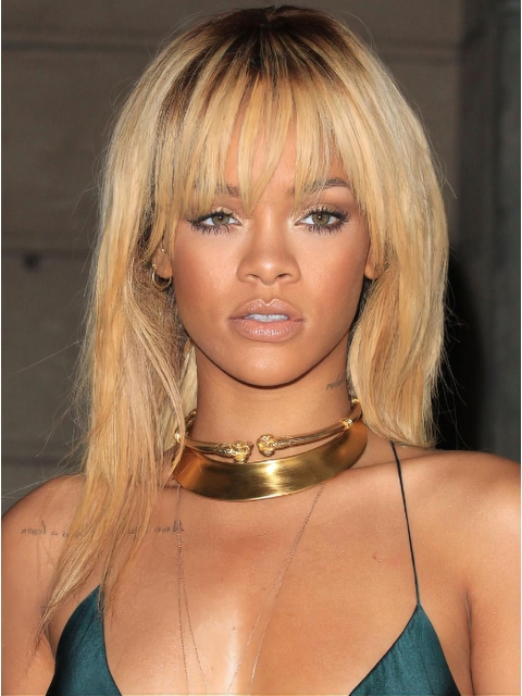 18'' Rihanna Gorgeous Blonde Long Layered Straight with Bangs Lace Front 100% Human Remy Human Hair Women Wig 