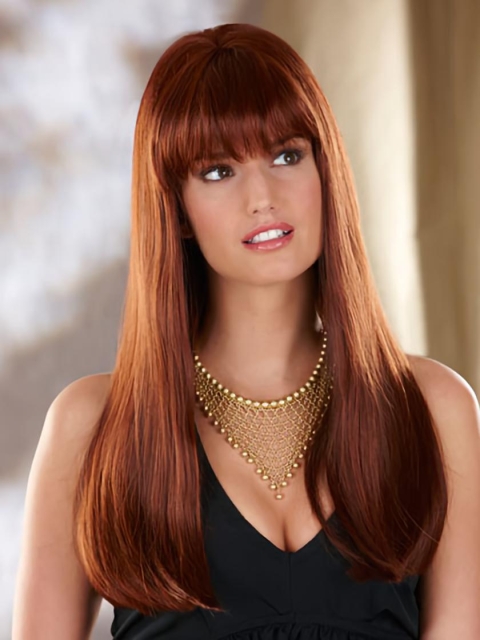 22'' Perfect Auburn Straight With Bangs Monofilament Lace Front Synthetic Long Women Wigs