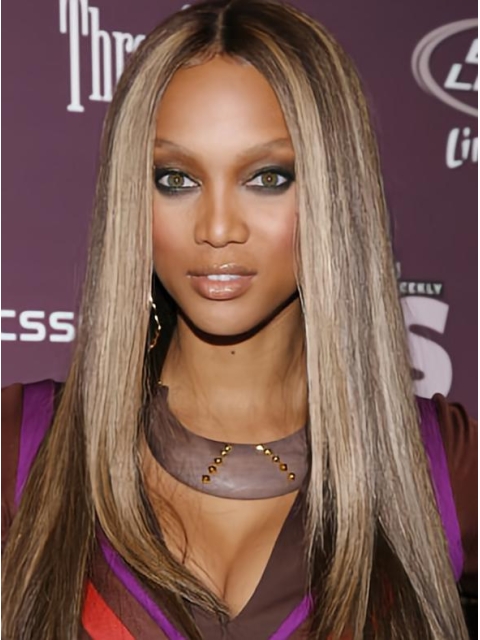 22''  Long Straight Lace Front Human Hair Women Tyra Banks Chic and Stylish Wig 