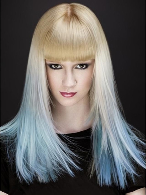 20 Inches Long Straight With Bangs Blonde to Blue Lace Front 100% Human Hair Women Ombre Wigs 