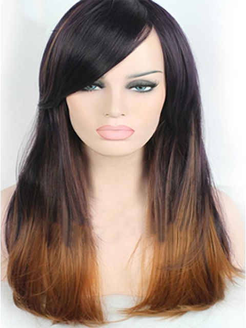 22 Inch Long Straight  With Bangs Lace Front 100% Remy Human Hair Ombre Wigs