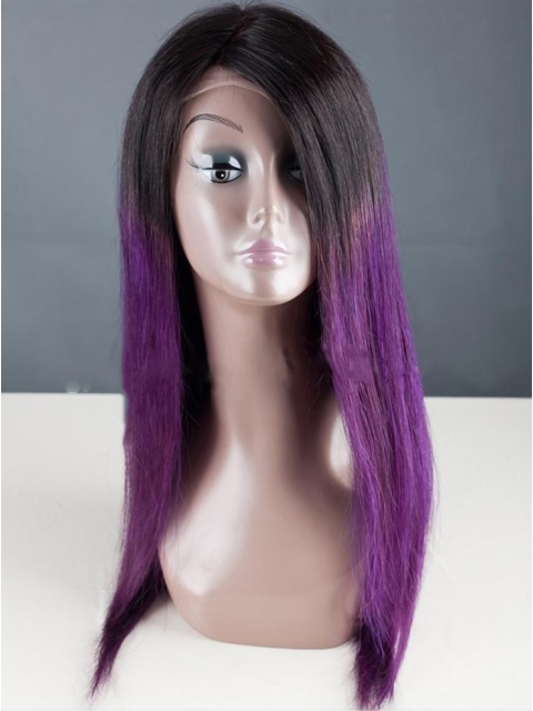 18" Long Straight Without Bangs Full Lace Indian Remy Human Hair Women Ombre Wigs 