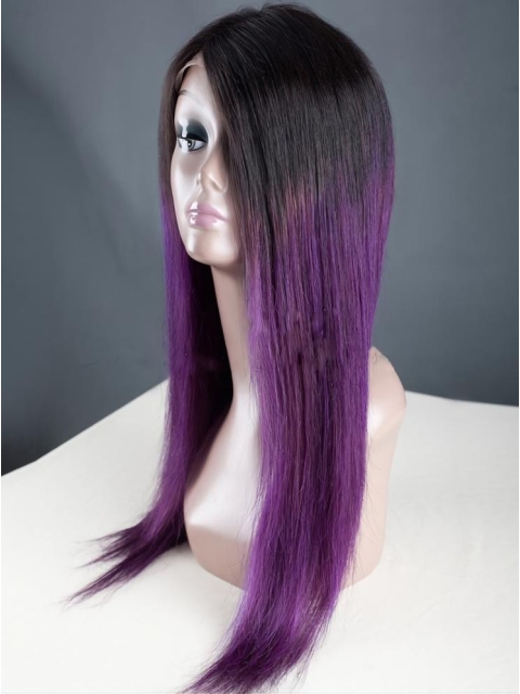 18" Long Straight Without Bangs Full Lace Indian Remy Human Hair Women Ombre Wigs 